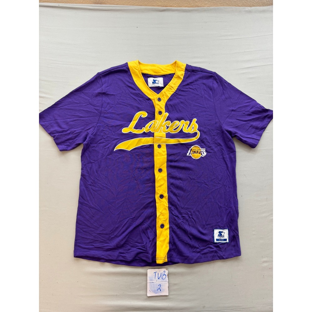 Starter Los Angeles Lakers Jersey Purple Gold Button Front Baseball Shirt Mens L